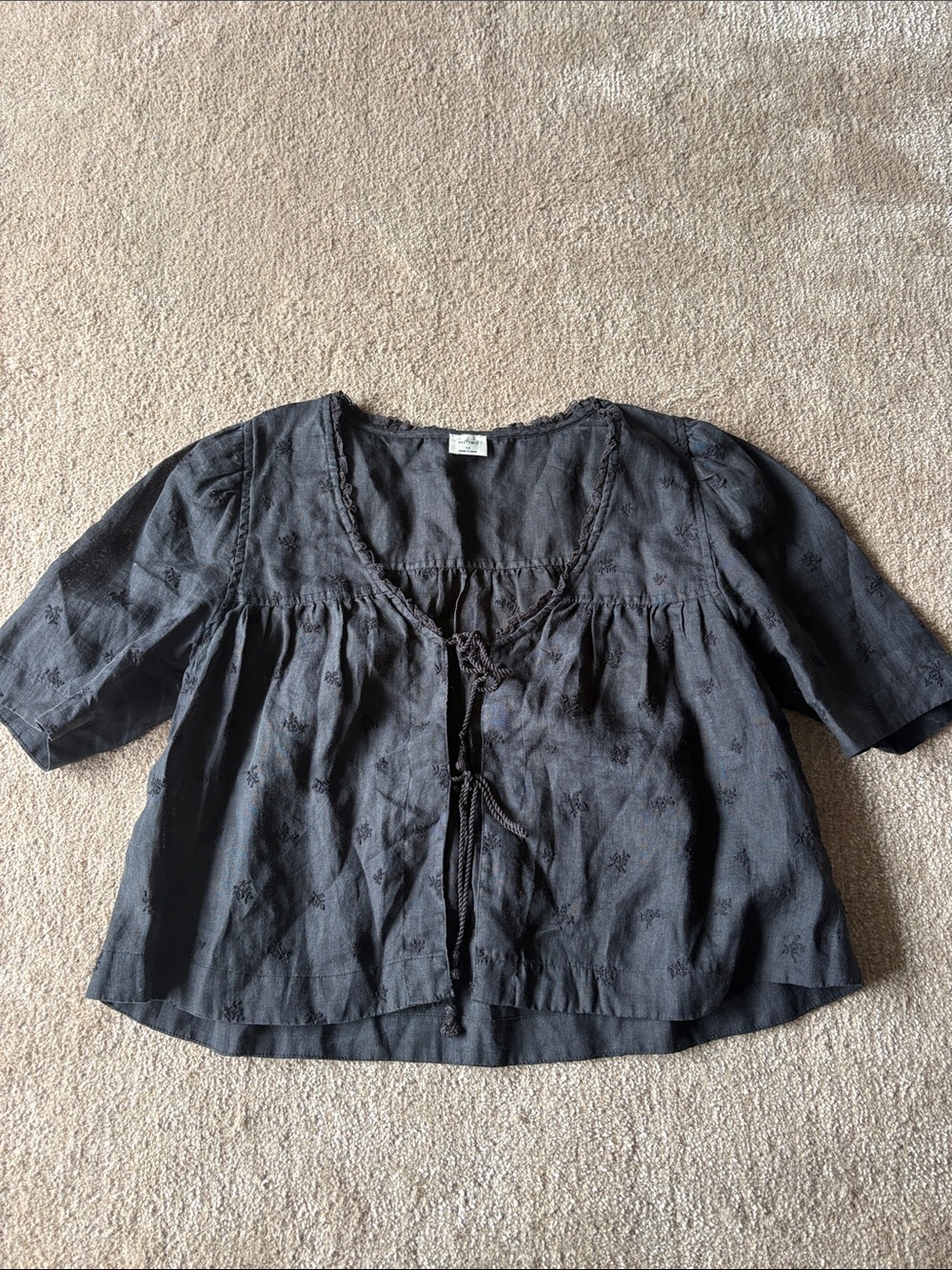 Aritzia Wilfred Black Embroidered Tie-Front Peasant Blouse
